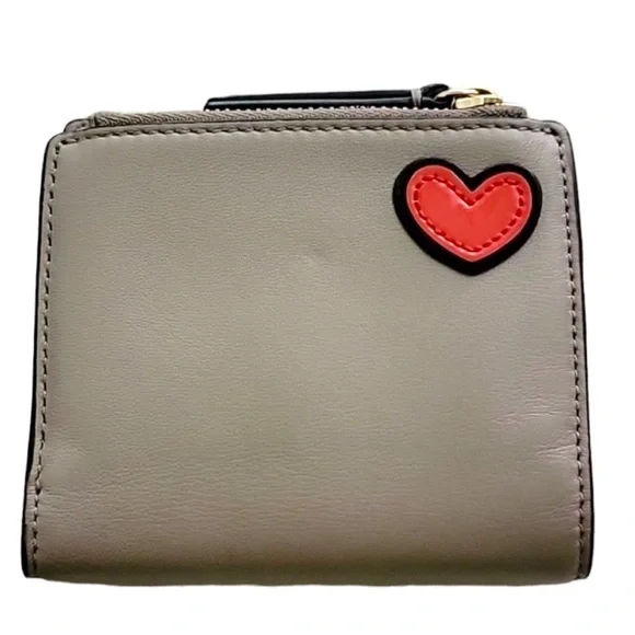 Tory Burch Mini Wallet Peace Sign Heart Embroid Brown Gray Leather 6 Card Slots